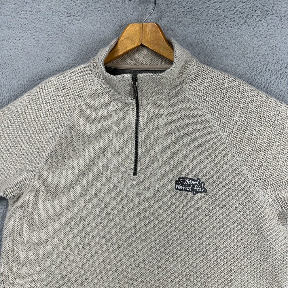 Weird Fish Adult Mens Pullover Sweater Large Beige Quarter Zip Knit Long Sleeve